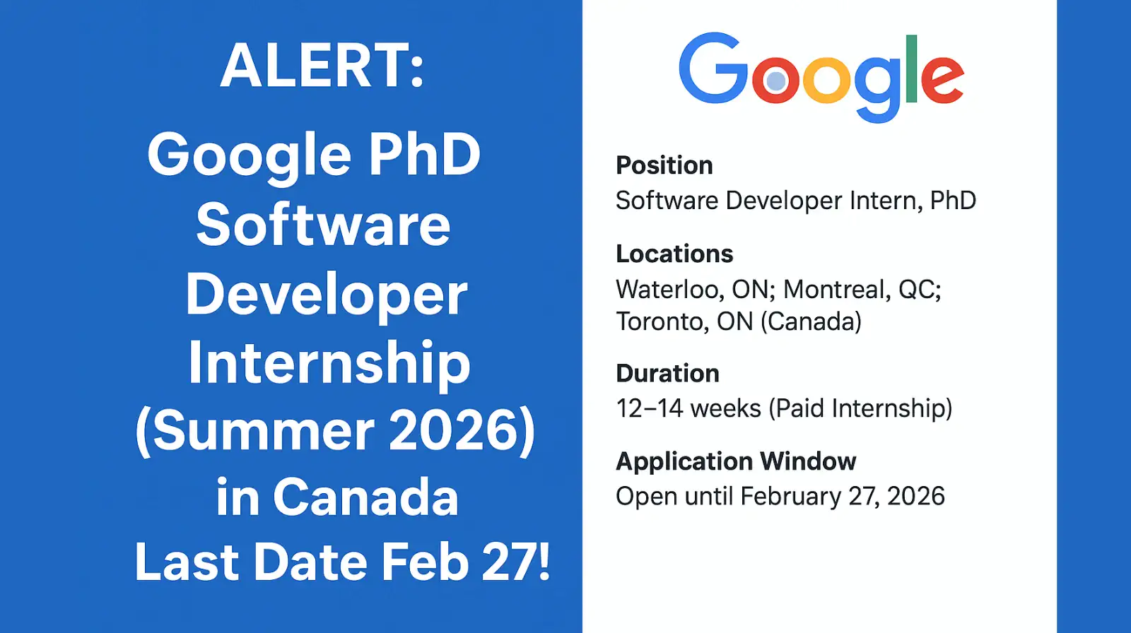 Google PhD Software Developer Internship (Summer 2026) in Canada – Apply Now